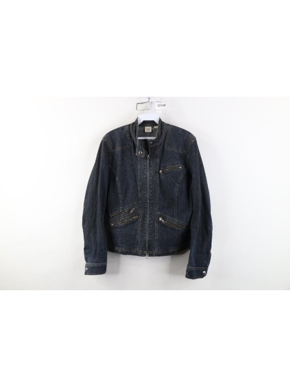 Vintage 90s Y2K DKNY Womens 8 Faded Babydoll Denim Moto Cafe Racer Bomber Jacket